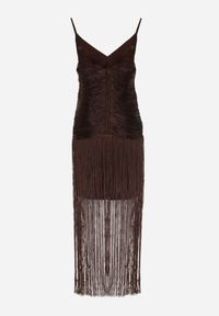 Born2be - Brązowa Wieczorowa Sukienka na Ramiączkach z Ozdobnymi Frędzlami Vilinania. Okazja: na wesele, na ślub cywilny, na imprezę. Kolor: brązowy. Długość rękawa: na ramiączkach. Typ sukienki: oversize. Styl: wizytowy #5