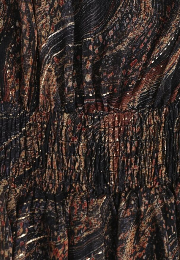 Renee - Czarno-Beżowa Taliowana Sukienka o Rozkloszowanym Kroju z Prześwitującymi Rękawami i Stójką Relabia. Okazja: na co dzień. Typ kołnierza: kołnierzyk stójkowy. Kolor: czarny. Typ sukienki: rozkloszowane. Styl: casual, klasyczny