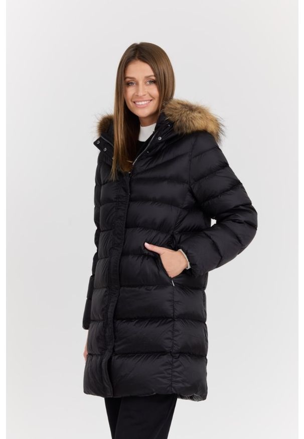Hetrego - HETREGO Czarna damska kurtka puchowa Leonie Quilted Woman Jacket With Detached Hood, Rozmiar 44 EU - 48 IT. Okazja: na co dzień. Kolor: czarny. Materiał: puch. Długość rękawa: długi rękaw. Długość: długie. Styl: casual