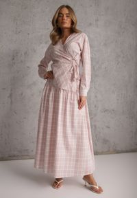 Renee - Różowy Bawełniany Komplet Rozkloszowana Spódnica i Bluzka z Wiązaniem Allisa. Kolor: różowy. Materiał: bawełna. Wzór: kratka #1