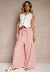 Renee - Różowe Szerokie Spodnie High Waist Ozdobione Wiązaniem Telonia. Okazja: na co dzień. Stan: podwyższony. Kolor: różowy. Wzór: aplikacja. Styl: casual, elegancki