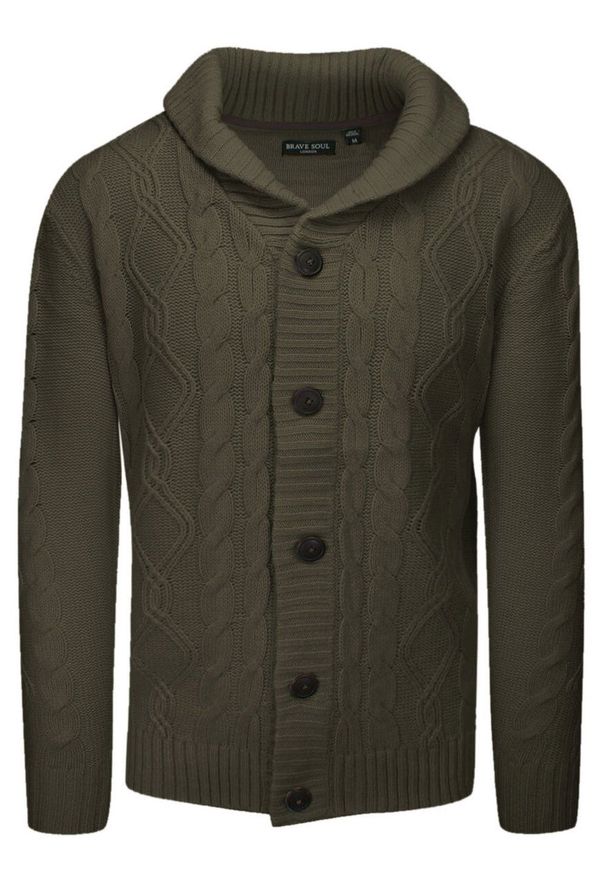 Brave Soul - Dziergany Sweter Zapinany na Guziki, Kardigan, Elegancki - BRAVE SOUL - Khaki. Okazja: na co dzień. Kolor: brązowy. Materiał: akryl. Styl: elegancki
