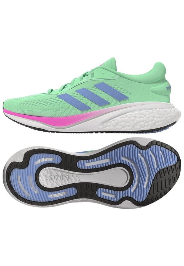 Adidas - Buty do biegania adidas SuperNova 2 W HR0109 niebieskie różowe zielone. Kolor: różowy, zielony, wielokolorowy, niebieski. Materiał: guma, syntetyk, materiał. Szerokość cholewki: normalna