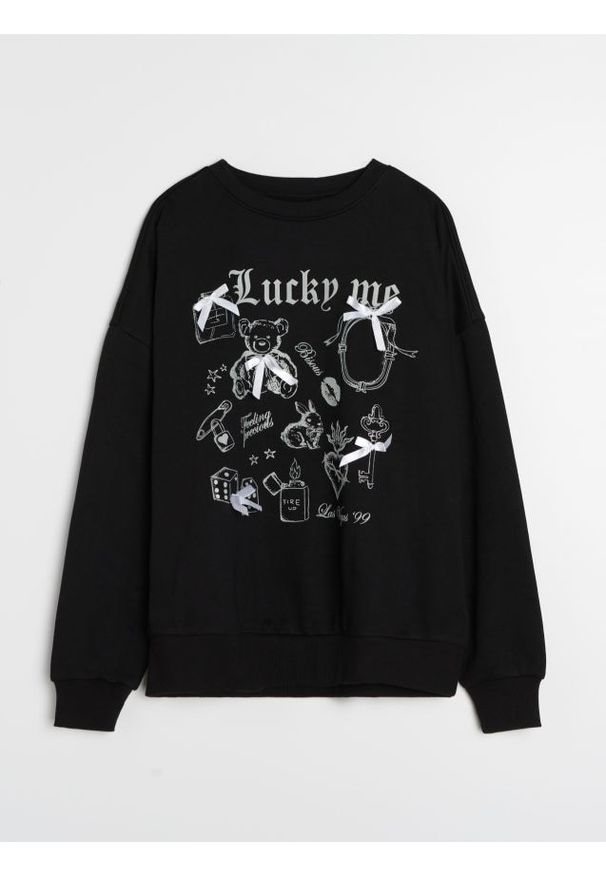 Sinsay - Bluza crewneck z nadrukiem i kokardami - czarny. Typ kołnierza: kokarda. Kolor: czarny. Wzór: nadruk