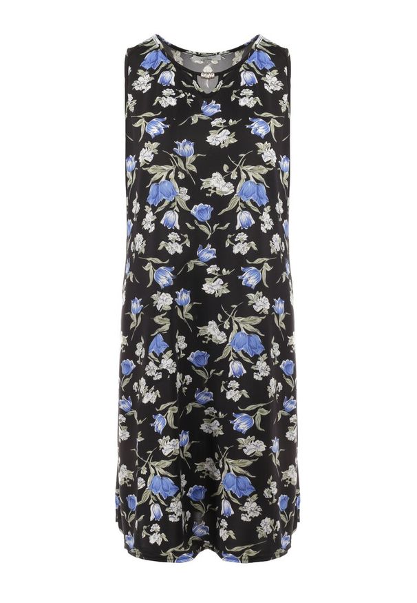 Born2be - Czarno-Niebieska Sukienka Carre. Kolekcja: plus size. Kolor: czarny. Materiał: bawełna, dzianina. Długość rękawa: bez rękawów. Wzór: kwiaty. Typ sukienki: dla puszystych. Styl: klasyczny. Długość: midi