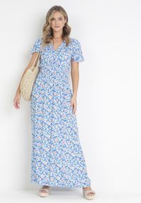 Born2be - Niebieska Wiskozowa Sukienka Z Kopertowym Dekoltem i Gumkami w Pasie Seldel. Kolor: niebieski. Materiał: wiskoza. Wzór: nadruk, aplikacja. Typ sukienki: kopertowe #3