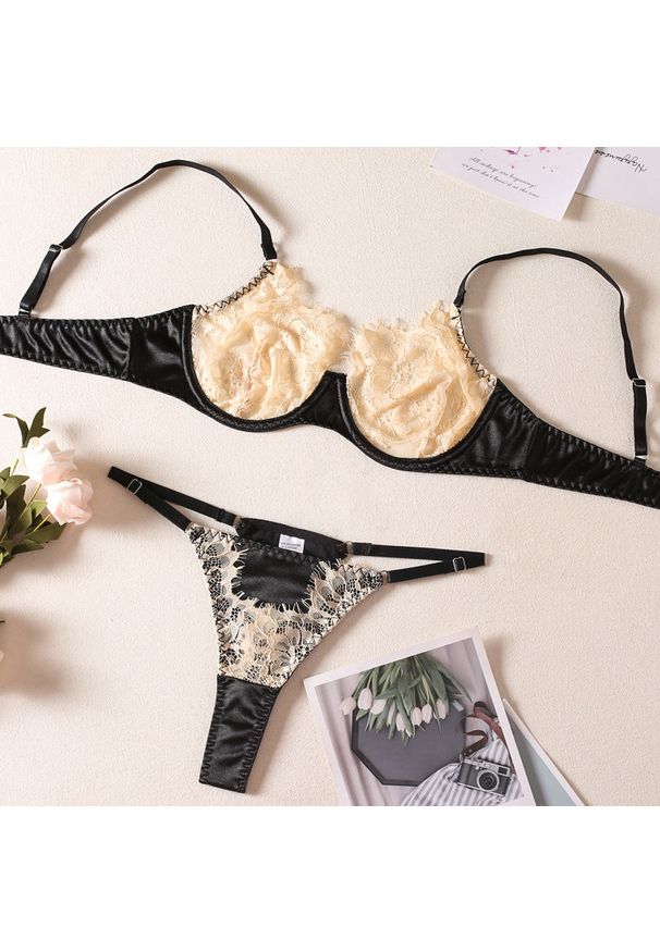 Intica - Strój kąpielowy z koronką i satynowymi akcentami na plażę Heidelore. Kolor: czarny. Materiał: satyna, koronka. Wzór: koronka