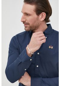 La Martina koszula męska kolor granatowy slim z kołnierzykiem button-down. Typ kołnierza: button down. Kolor: niebieski #5