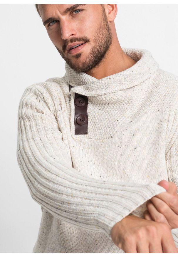 bonprix - Sweter z szalowym kołnierzem. Kolor: beżowy. Materiał: dzianina