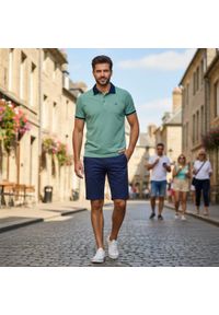 Bawełniana, Męska Koszulka Polo - Pako Jeans - Bladozielony Melanż. Okazja: na co dzień. Typ kołnierza: polo. Kolor: zielony. Materiał: bawełna. Wzór: melanż. Styl: casual #7