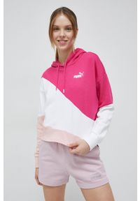 Puma bluza damska kolor różowy z kapturem wzorzysta. Typ kołnierza: kaptur. Kolor: różowy. Materiał: materiał, dzianina. Długość rękawa: długi rękaw. Długość: długie