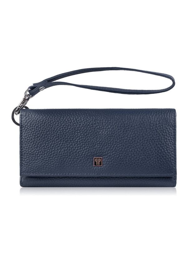 PAOLO PERUZZI - Duży portfel damski skórzany granatowy z miejscem na telefon kopertówka Paolo Peruzzi T-141-NV. Kolor: niebieski. Materiał: skóra