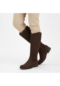 Kozaki damskie S.Barski, wysoka cholewka materiałowe wnętrze zapinane na suwak oraz miękka wkładka, brązowe, HY61-8023. Kolor: brązowy. Szerokość cholewki: normalna. Wzór: ażurowy. Wysokość cholewki: przed kolano. Materiał: materiał. Sezon: zima, jesień. Obcas: na obcasie. Styl: elegancki, klasyczny. Wysokość obcasa: niski #4