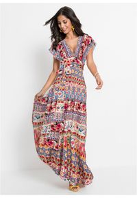bonprix - Długa sukienka z wiązanym paskiem, krótsza długość. Kolor: różowy. Wzór: nadruk. Długość: maxi #1