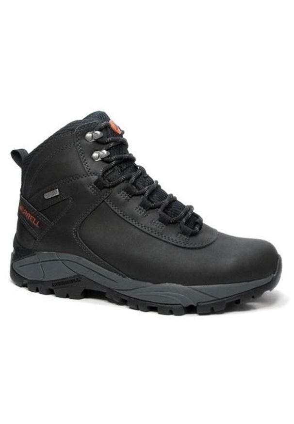 Buty trekkingowe męskie Merrell Vego Mid Leather Waterproof. Wysokość cholewki: za kostkę. Zapięcie: sznurówki. Kolor: czarny. Materiał: skóra, syntetyk, tkanina, materiał. Szerokość cholewki: normalna