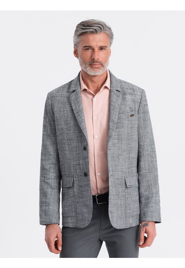 Ombre Clothing - Marynarka męska o kroju REGULAR z lnem - grafitowa V5 - Rozmiar: XL. Okazja: do pracy. Kolor: szary. Materiał: len. Wzór: aplikacja. Styl: klasyczny, elegancki