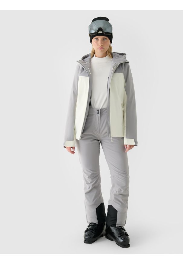 4f - 4F Kurtka narciarska membrana 5000 damska - szara L. Okazja: na co dzień. Typ kołnierza: kaptur. Kolor: szary. Materiał: materiał, puch, poliester, syntetyk. Długość: długie. Sezon: zima. Styl: sportowy, klasyczny, casual