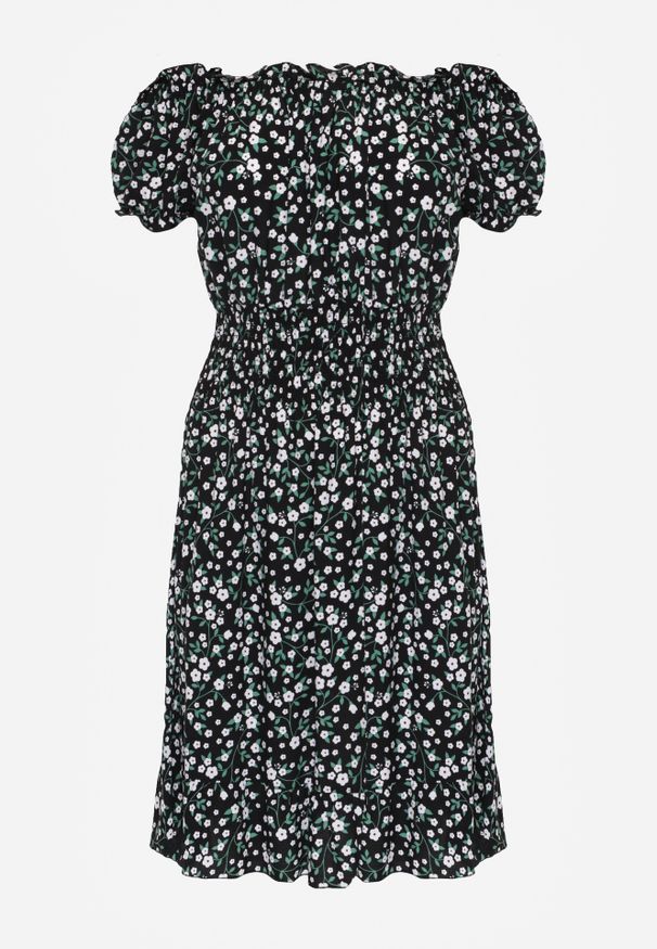 Renee - Czarna Bawełniana Sukienka Midi Hiszpanka z Gumką w Pasie Dnise. Typ kołnierza: dekolt hiszpanka. Kolor: czarny. Materiał: bawełna. Długość: midi