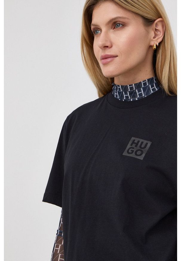 Hugo t-shirt damski. Okazja: na co dzień. Kolor: czarny. Materiał: materiał, bawełna, dzianina. Długość rękawa: krótki rękaw. Długość: krótkie. Wzór: nadruk. Styl: casual