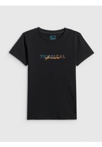 4f - 4F T-shirt slim z nadrukiem damski - czarny XS. Okazja: na co dzień. Kolor: czarny. Materiał: bawełna, jeans, materiał. Wzór: nadruk. Styl: casual #1