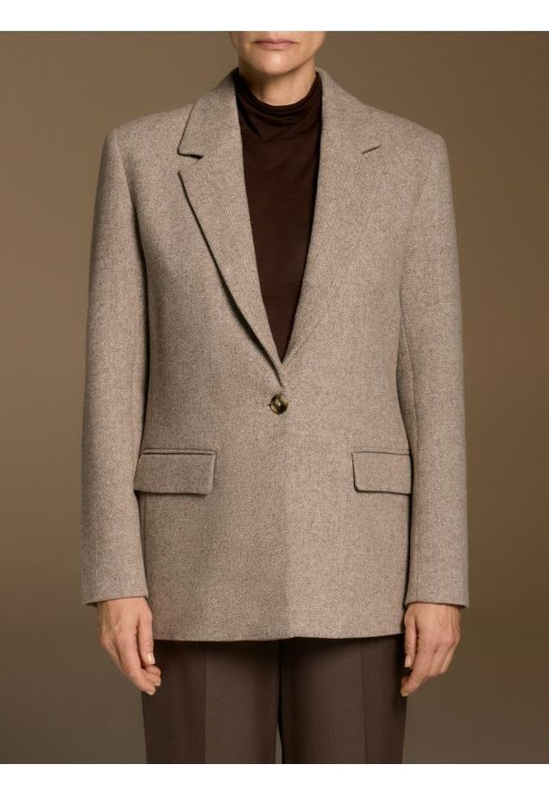 Reserved - Marynarka z wełną - beżowy. Kolor: beżowy. Materiał: wełna. Styl: klasyczny