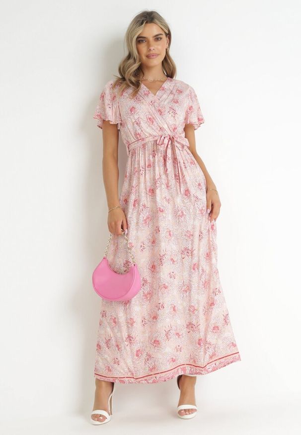 Born2be - Jasnoróżowa Sukienka Kopertowa z Wiskozy z Gumką w Talii i Metalicznym Wzorem Hollisa. Kolor: różowy. Materiał: wiskoza. Typ sukienki: kopertowe