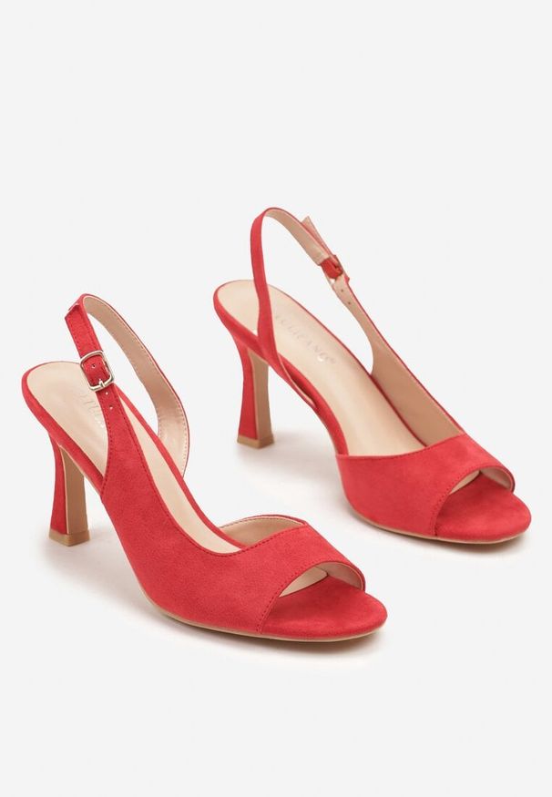 Renee - Czerwone Sandały na Obcasie Zapinane na Sprzączkę Nonasel. Okazja: na co dzień. Zapięcie: sprzączka. Kolor: czerwony. Materiał: jeans. Obcas: na obcasie. Styl: wizytowy, elegancki, casual. Wysokość obcasa: średni