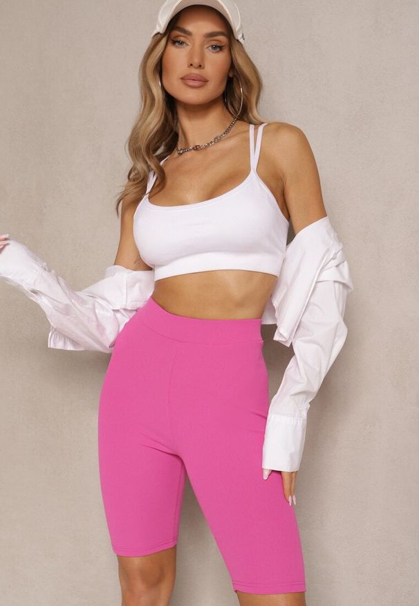 Renee - Różowe Sportowe Szorty Kolarki Prążkowane High Waist Steiama. Okazja: na spacer. Stan: podwyższony. Kolor: różowy. Materiał: prążkowany. Styl: sportowy
