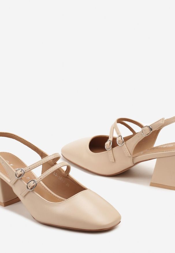 Renee - Beżowe Czółenka z Ekoskóry Typu Slingback na Słupku z Trzema Sprzączkami Qrevia. Okazja: na co dzień. Zapięcie: sprzączka. Kolor: beżowy. Wzór: paski. Obcas: na słupku. Styl: casual