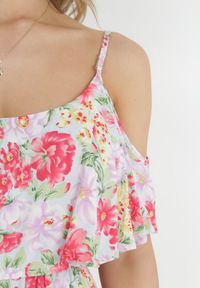 Born2be - Biało-Czerwona Sukienka Bawełniana w Kwiaty z Falbanką Janellie. Kolor: biały. Materiał: bawełna. Długość rękawa: na ramiączkach. Wzór: kwiaty. Styl: wakacyjny. Długość: maxi #5