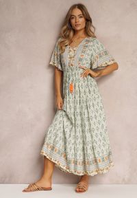Renee - Miętowa Sukienka Maxi z Krótkim Rękawem i Gumką w Talii Emaya. Kolor: miętowy. Materiał: wiskoza, tkanina. Długość rękawa: krótki rękaw. Styl: boho. Długość: maxi #3
