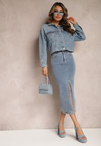 Renee - Niebieska Jeansowa Spódnica Bawełniana Midi z Rozcięciem Urbiana. Stan: podwyższony. Kolor: niebieski. Materiał: jeans, bawełna. Styl: elegancki #5