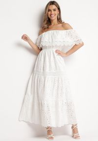 Born2be - Biała Ażurowa Sukienka Hiszpanka Maxi z Bawełny Ozdobiona Koronką Bimiosa. Typ kołnierza: dekolt hiszpanka. Kolor: biały. Materiał: koronka, bawełna. Wzór: koronka, aplikacja, ażurowy. Długość: maxi #6