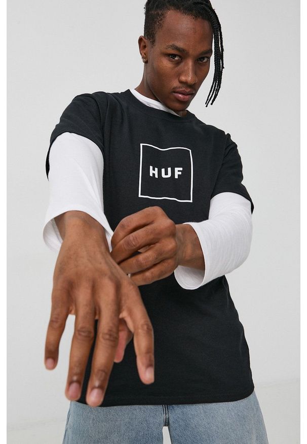 HUF - T-shirt bawełniany. Okazja: na co dzień. Kolor: czarny. Materiał: bawełna. Wzór: nadruk. Styl: casual