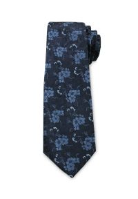 Męski Krawat Chattier - Kwiaty, Motyw Florystyczny, Granatowy. Kolor: niebieski. Materiał: tkanina. Wzór: kwiaty. Styl: wizytowy, elegancki