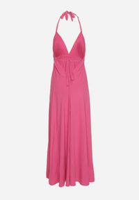 Born2be - Fuksjowa Sukienka z Wiskozy o Mocno Rozkloszowanym Fasonie Wiązana na Szyi Uldren. Okazja: na co dzień, na spacer. Kolor: różowy. Materiał: wiskoza. Sezon: lato. Typ sukienki: rozkloszowane. Styl: casual #4