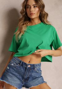 Renee - Zielony T-shirt o Fasonie Cropped Oversize Brighta. Kolor: zielony. Materiał: jeans #4