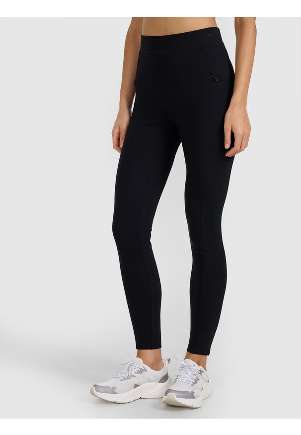 4f - 4F Legginsy dzianinowe damskie - czarne XL. Okazja: na co dzień. Stan: podwyższony. Kolor: czarny. Materiał: dzianina. Wzór: gładki, ze splotem. Styl: sportowy, casual