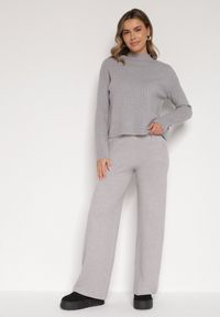 Born2be - Szare Dzianinowe Spodnie o Szerokim Kroju ze Sznurkami Melatusa. Okazja: na co dzień. Stan: podwyższony. Kolor: szary. Materiał: dzianina. Styl: klasyczny, casual, elegancki #2