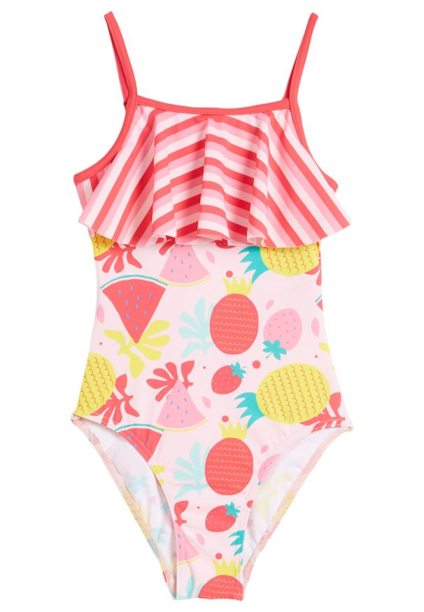 bonprix - Kostium kąpielowy dziewczęcy z poliamidu z recyklingu. Kolor: różowy. Materiał: poliamid. Wzór: kolorowy, nadruk, paski