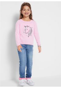 Sweter dziewczęcy dzianinowy z bawełny, z motywem jednorożca bonprix jasnoróżowy kryształowy. Kolor: różowy. Materiał: bawełna, dzianina. Wzór: ze splotem #4