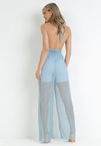 Born2be - Niebieski Kombinezon Wiązany na Szyi z Odkrytymi Plecami i Metaliczną Nitką Ninata. Kolor: niebieski. Materiał: materiał. Sezon: wiosna, lato. Styl: elegancki #3