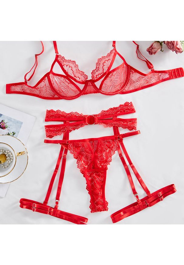 Intica - Zestaw bielizny push-up z koronkowym pasem do pończoch Torun. Kolor: czerwony. Materiał: koronka. Długość: długie