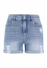 Volcano - Szorty jeansowe z przetarciami, damskie, D-MALY. Stan: podwyższony. Kolor: niebieski. Materiał: jeans. Długość: krótkie. Styl: sportowy, rockowy, klasyczny