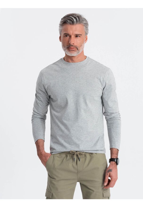 Ombre Clothing - Longsleeve męski BASIC z okrągłym dekoltem - szary melanż V3 OM-LSBL-0106 - XXL. Kolor: szary. Materiał: materiał, bawełna. Długość rękawa: długi rękaw. Wzór: melanż. Styl: klasyczny