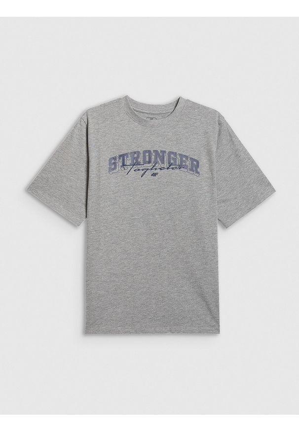 4f - 4F T-shirt loose z nadrukiem chłopięcy - szary 122/128 (6-8 lat). Okazja: na co dzień. Kolor: szary. Materiał: dzianina, skóra, bawełna. Wzór: nadruk. Sezon: lato. Styl: casual
