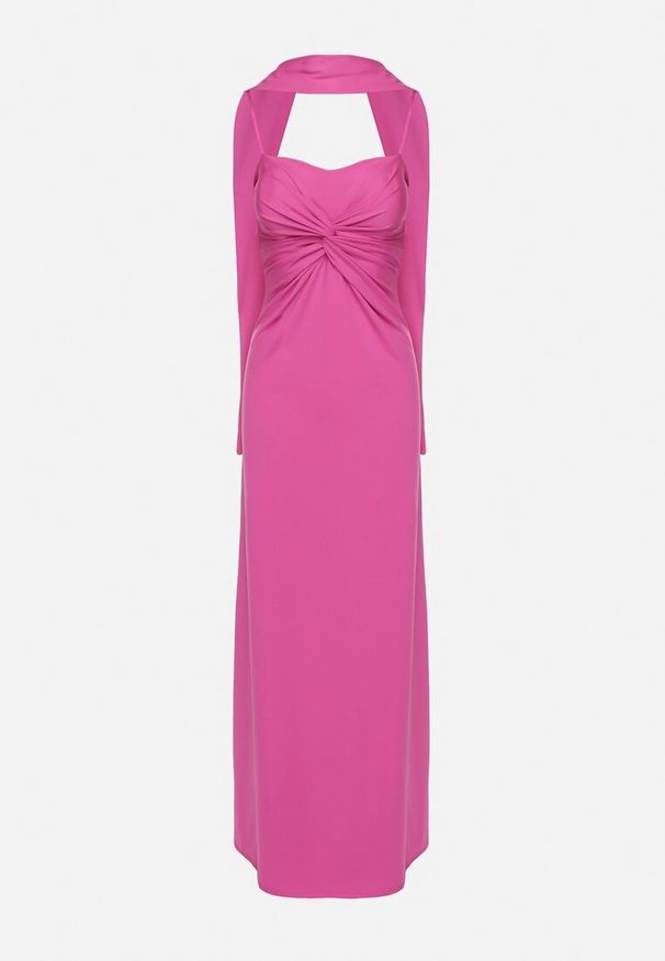 Born2be - Fuksjowa Taliowana Sukienka Ozdobiona Szalem i Marszczeniem Melovea. Okazja: na co dzień. Kolor: różowy. Materiał: skóra. Długość rękawa: na ramiączkach. Wzór: aplikacja. Styl: casual, elegancki