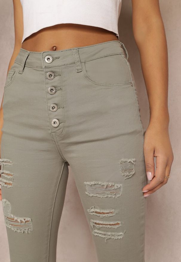 Renee - Ciemnobeżowe Jeansy Skinny z Wysokim Stanem Yholo. Stan: podwyższony. Kolor: beżowy. Styl: klasyczny