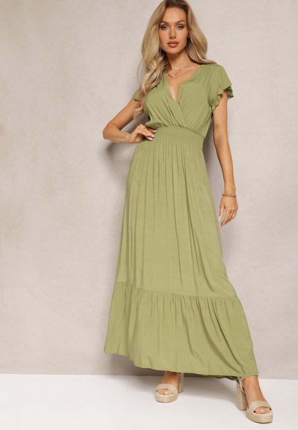 Renee - Zielona Rozkloszowana Sukienka Maxi z Bawełny o Kopertowym Kroju Asmerie. Kolor: zielony. Materiał: bawełna. Sezon: lato. Typ sukienki: kopertowe. Długość: maxi