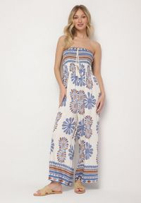 Born2be - Niebiesko-Kremowy Kombinezon Bez Rękawów z Szeroką Nogawką w Ornamentalny Wzór Mirionia. Okazja: na imprezę, na co dzień. Kolor: niebieski. Długość rękawa: bez rękawów. Styl: casual, elegancki #5